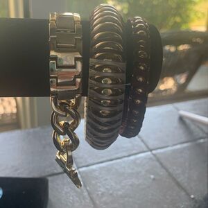 Threaded Metal Bangles and Accutime Unisex Smartwatch Gold strap, Unmarked